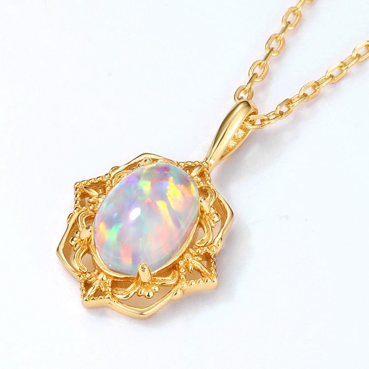 925 Sterling Silver Gold Plated Jewelry Vintage Pattern Synthetic Opal Pendant for Fashion Women Jewelry Gift