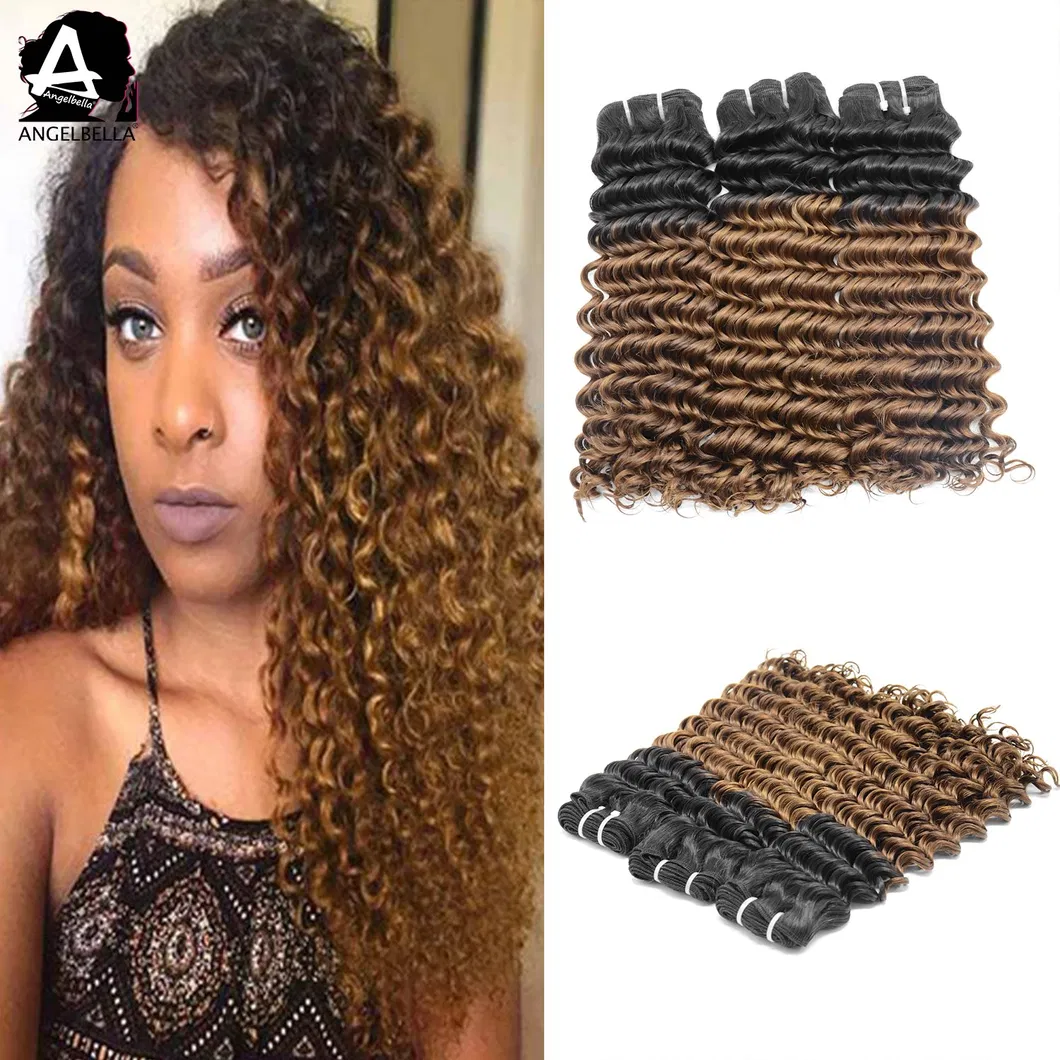Angelbella 100% Human Hair Weaving Ombre Deep Curly Super Double Drawn Hair Bundles Weave