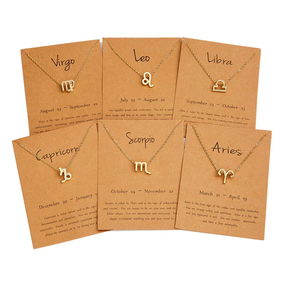 Birthday Gift Gold Plated 12 Zodiac Sign Pendant Wish Card Charm Gold Chain Choker Astrology Necklace Jewelry for Women