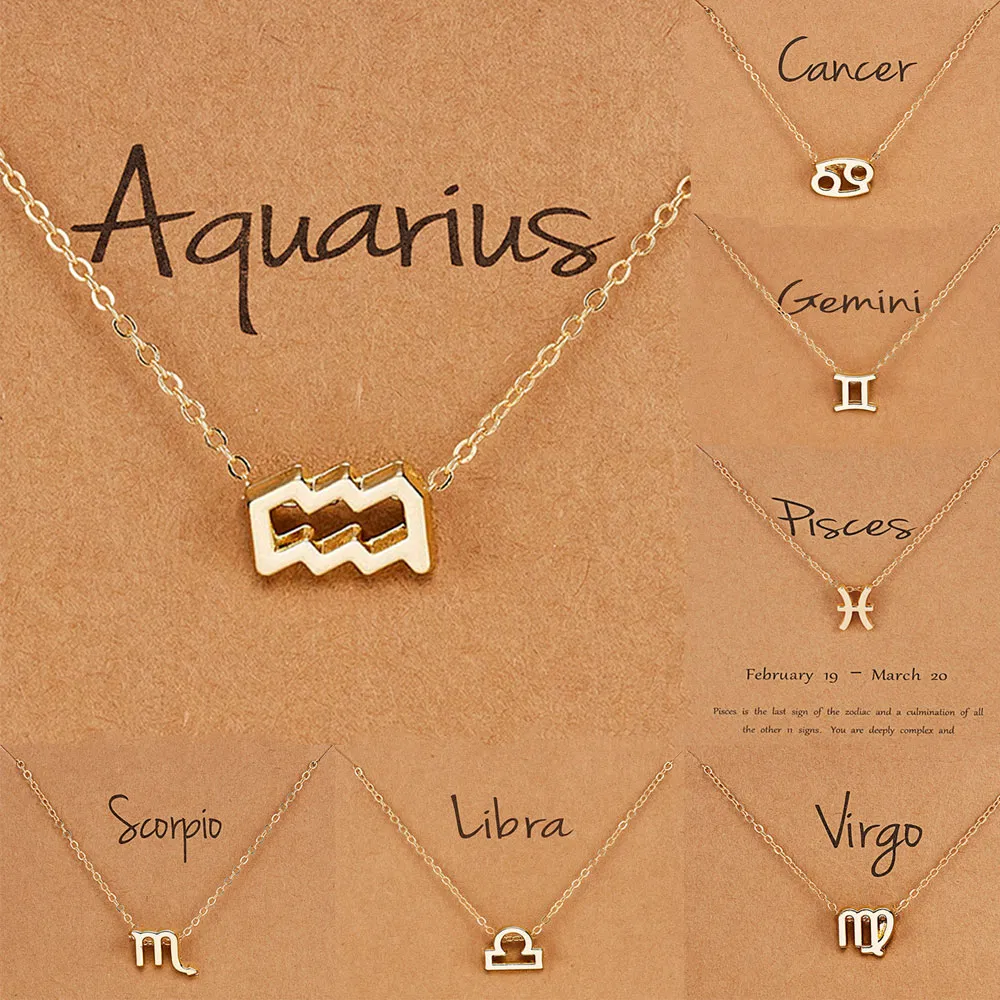 Birthday Gift Gold Plated 12 Zodiac Sign Pendant Wish Card Charm Gold Chain Choker Astrology Necklace Jewelry for Women