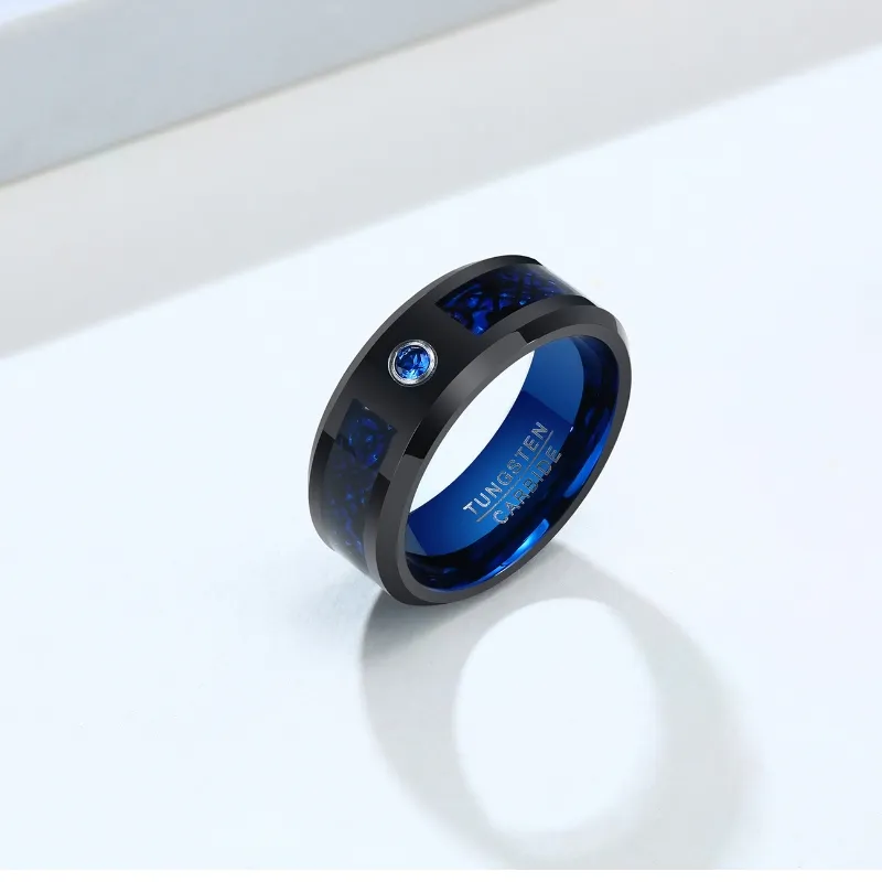 Blue and Black Tungsten Steel 8mm Men′ S Ring Single Inlaid Zircon Ring