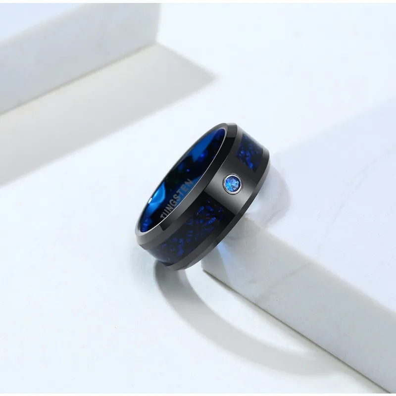Blue and Black Tungsten Steel 8mm Men′ S Ring Single Inlaid Zircon Ring