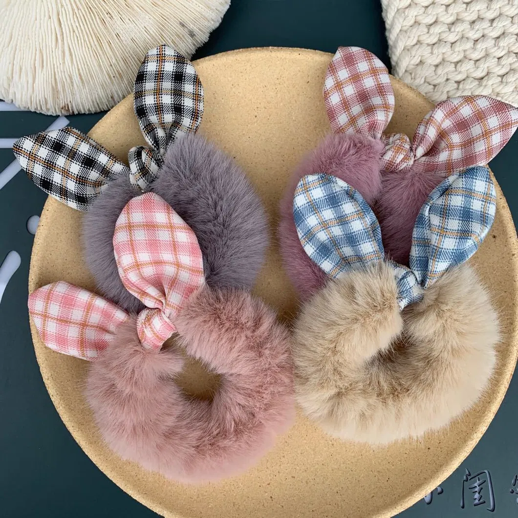 Bowknot Plush Scrunchies Hair Ties Elastics Soft Bow Knotted Rubber Bands Fur Hair Scrunchy Bobbles Ponytail Holder for Women Girls Thick Hair