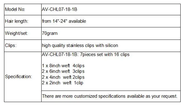 Brazilian Hair Extension Clip in Human Hair Extension 18inch 7PCS for Full Head (AV-CHL07-18-1B)