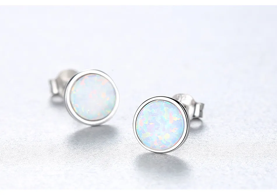 Classic Round 925 Sterling Silver Opal Stud Earrings