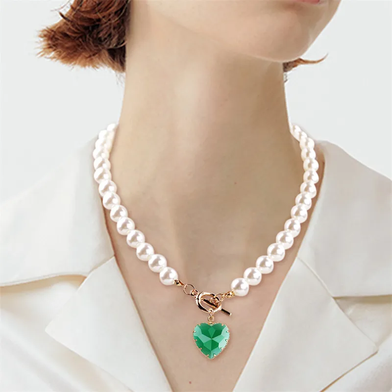 Crystal Love Heart Pearl Gold Plated Vintage Toggle Choker Pendant Green Necklace