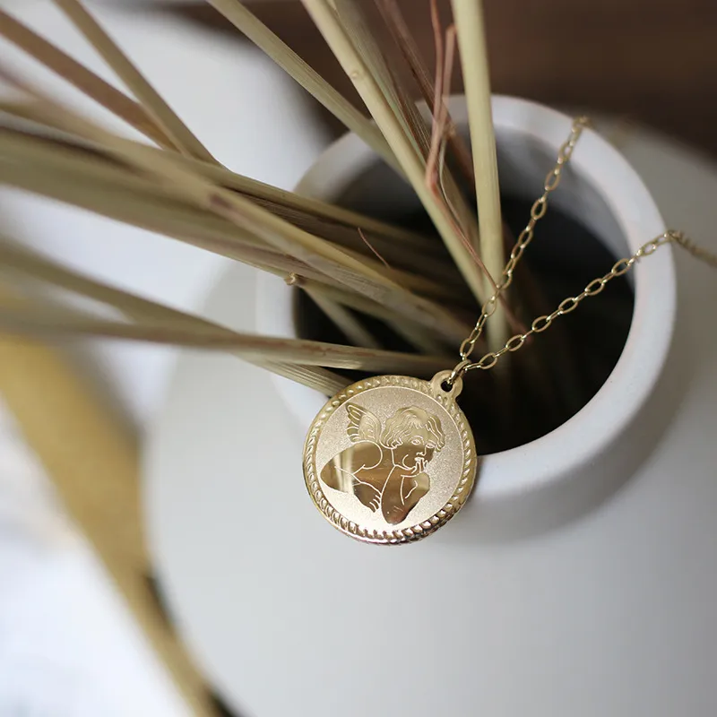 Custom Stainless Steel Women Jewelry Sublimation Gold Guardian Angel Wings Pendant Necklace