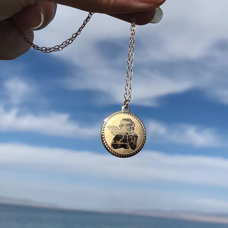 Custom Stainless Steel Women Jewelry Sublimation Gold Guardian Angel Wings Pendant Necklace