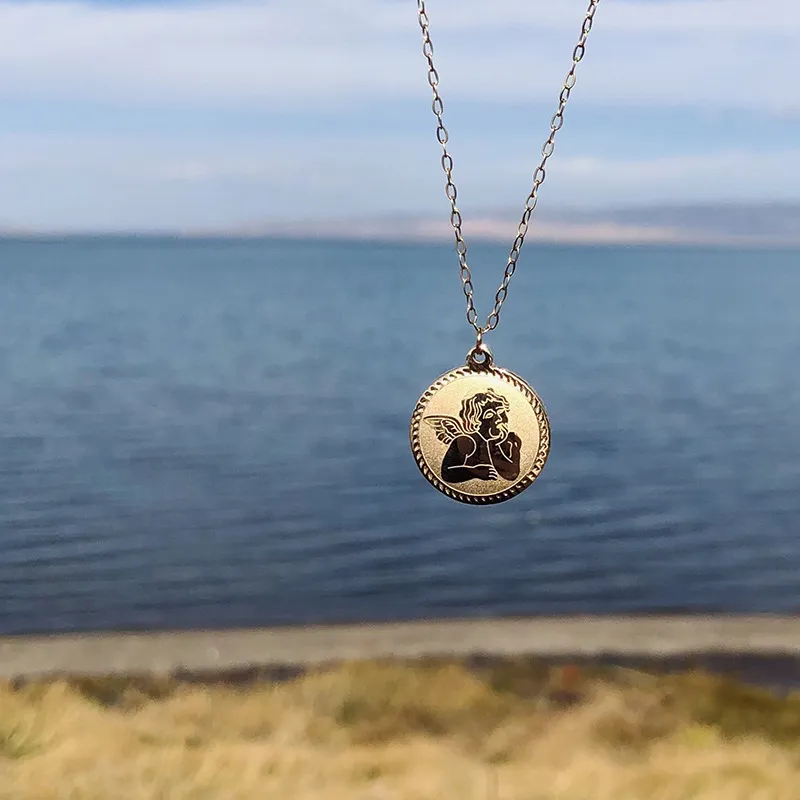 Custom Stainless Steel Women Jewelry Sublimation Gold Guardian Angel Wings Pendant Necklace