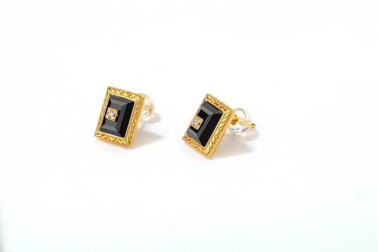 Daily Wear Jewelry Square Black Agate Earrings Studs 925 Silver Gold Plating Geometric Earrings