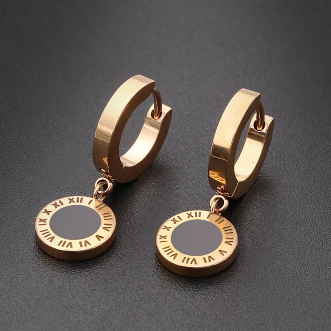 European and American New Titanium Steel Roman Numeral Symbol Earrings Stainless Steel Rose Gold Round Cake Pendant Earrings for Men Er0069