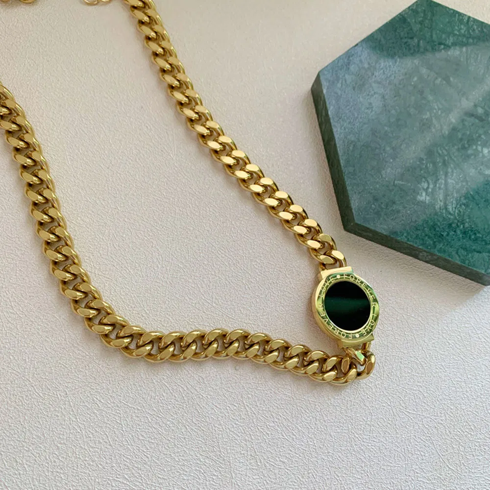 European Hip Hos Gold Plated Chunky Cuban Link Chain Necklace Stainless Steel Black Coin Pendant Necklace