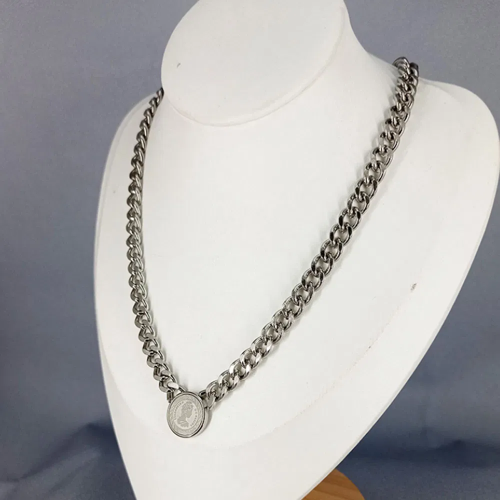 European Hip Hos Gold Plated Chunky Cuban Link Chain Necklace Stainless Steel Black Coin Pendant Necklace