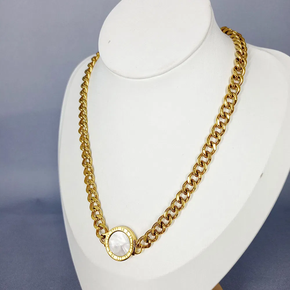 European Hip Hos Gold Plated Chunky Cuban Link Chain Necklace Stainless Steel Black Coin Pendant Necklace