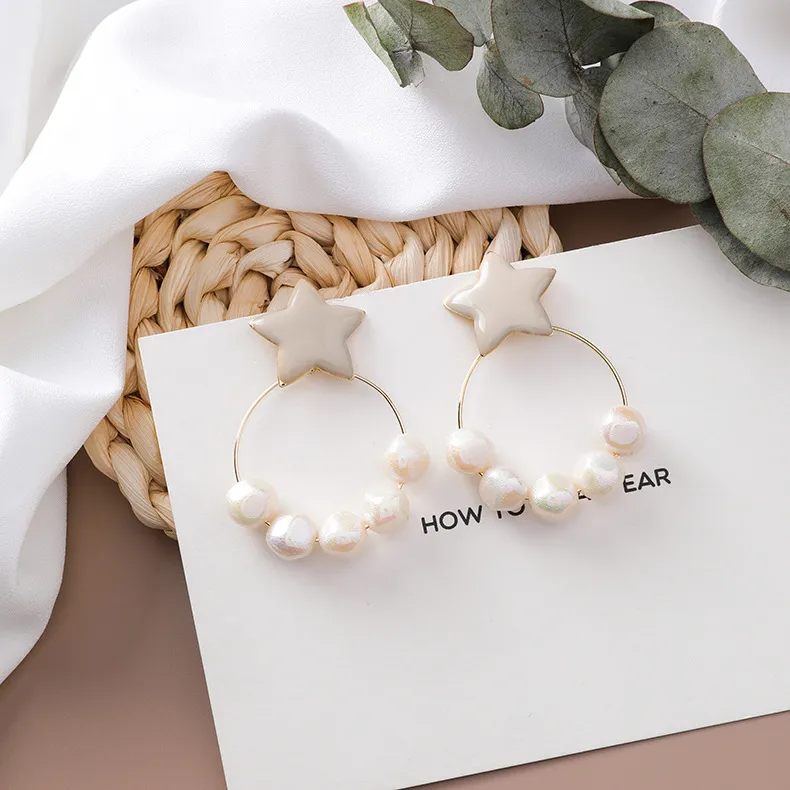Fashion Simple Vintage Pearl Pentagram Earrings Jewelry