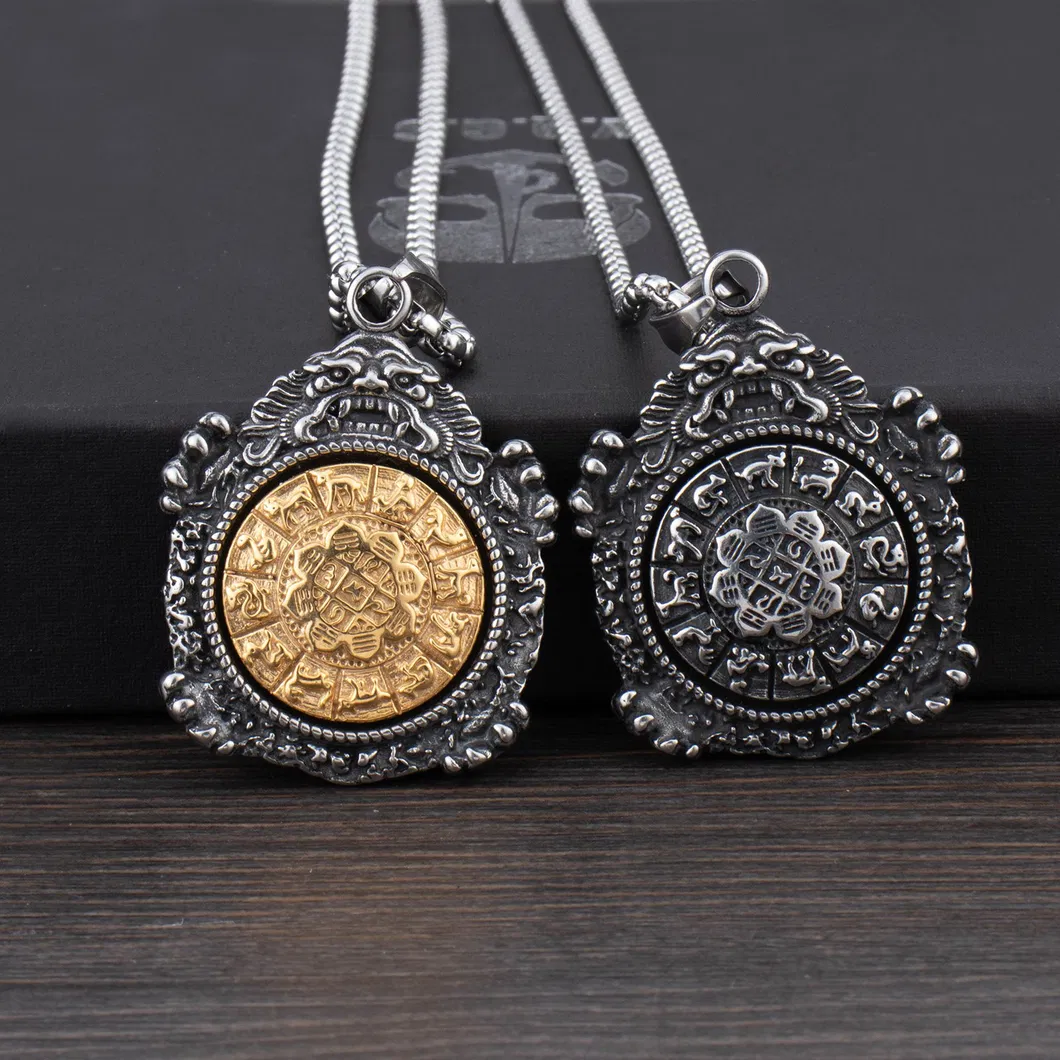 Gold-Plated Stainless Steel Round Brand Zodiac Pendant Necklace