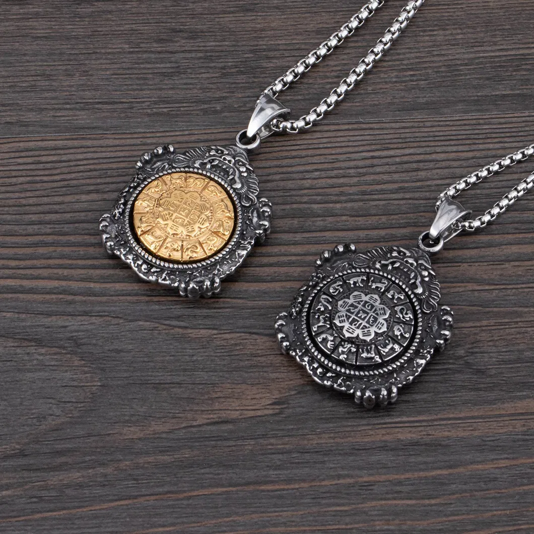 Gold-Plated Stainless Steel Round Brand Zodiac Pendant Necklace
