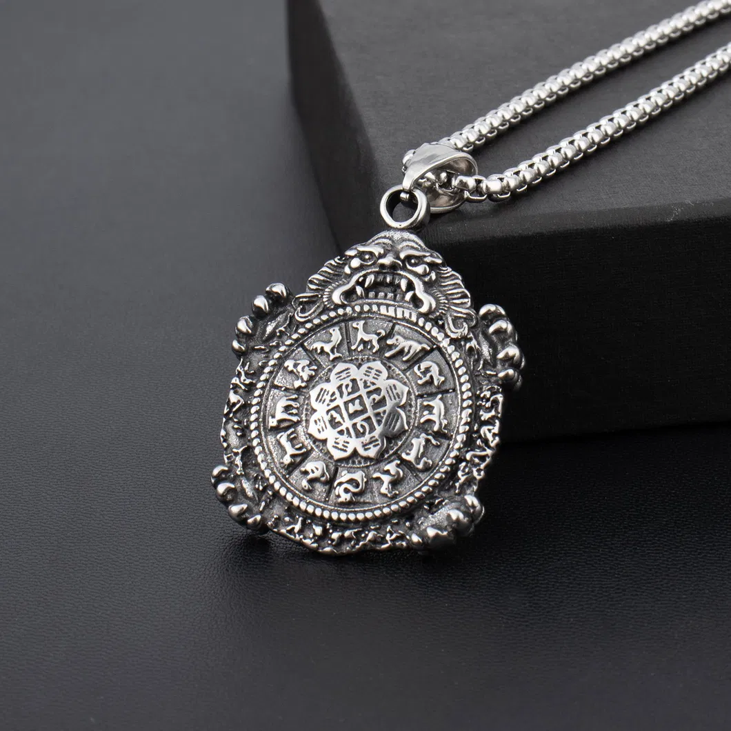 Gold-Plated Stainless Steel Round Brand Zodiac Pendant Necklace