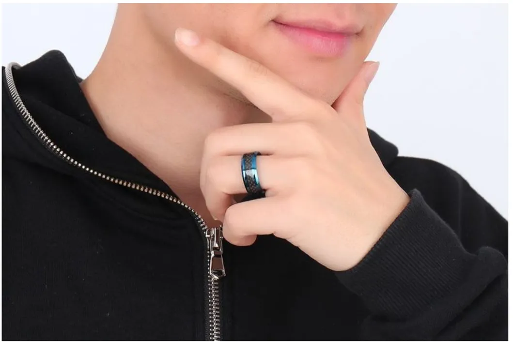 High Quality Handsome Men′s Tungsten Steel Ring Carbon Fiber Blue Fashion Men′s Ring