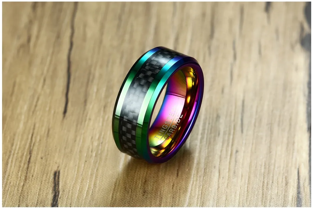 High Quality Handsome Men′s Tungsten Steel Ring Carbon Fiber Blue Fashion Men′s Ring