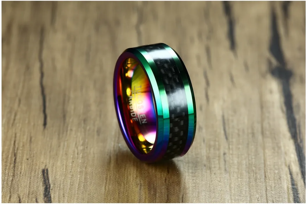 High Quality Handsome Men′s Tungsten Steel Ring Carbon Fiber Blue Fashion Men′s Ring