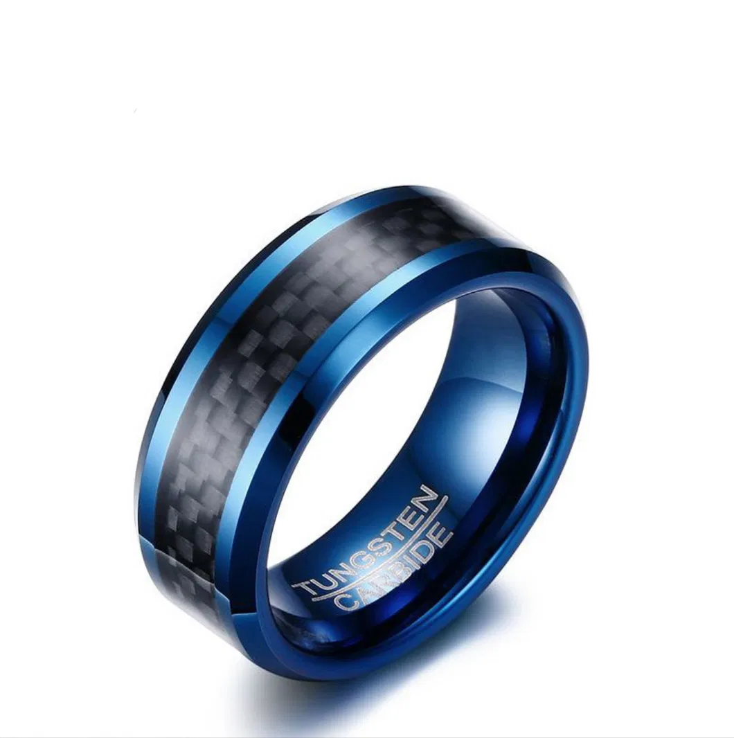 High Quality Handsome Men′s Tungsten Steel Ring Carbon Fiber Blue Fashion Men′s Ring