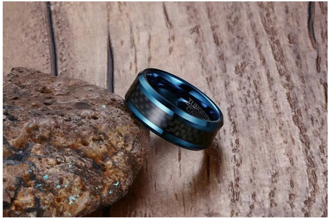 High Quality Handsome Men′s Tungsten Steel Ring Carbon Fiber Blue Fashion Men′s Ring