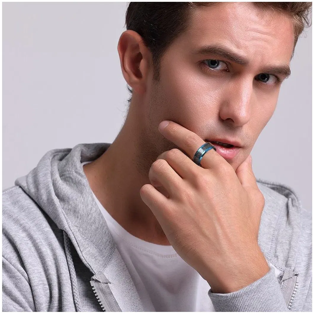 High Quality Handsome Men′s Tungsten Steel Ring Carbon Fiber Blue Fashion Men′s Ring