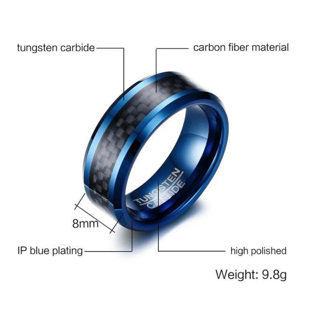 High Quality Handsome Men′s Tungsten Steel Ring Carbon Fiber Blue Fashion Men′s Ring