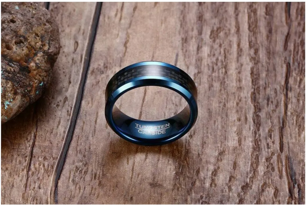 High Quality Handsome Men′s Tungsten Steel Ring Carbon Fiber Blue Fashion Men′s Ring