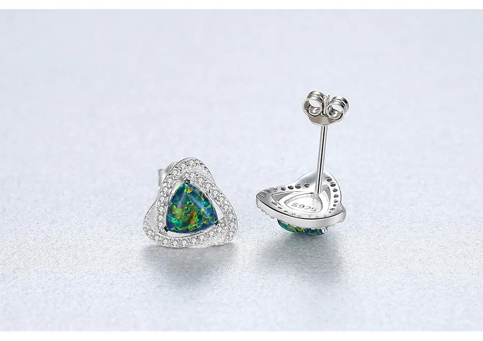 Luxury 925 Sterling Silver CZ Triangle Fire Opal Gemstone Stud Earrings