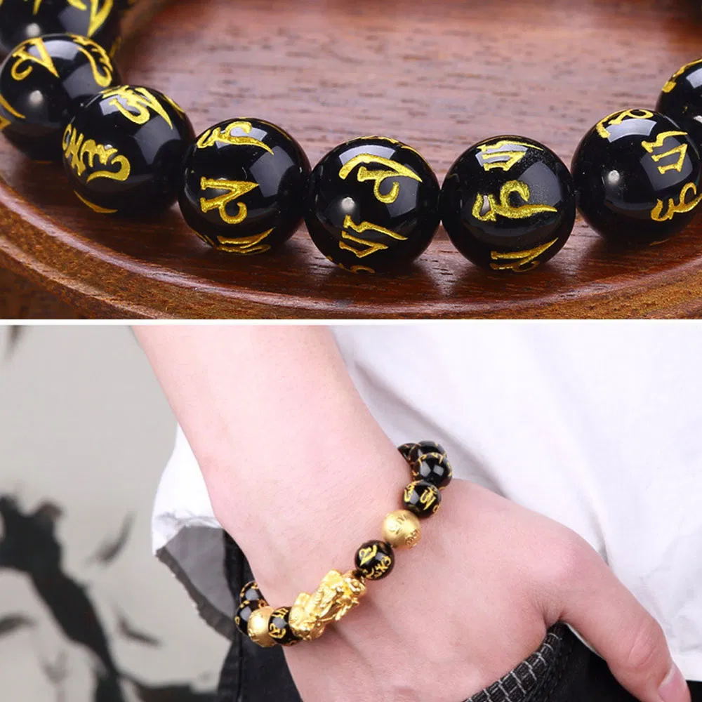 New Arrival Good Luck Wealth Jewelry Black Obsidian Beads Pixiu Bracelet Six Words Feng Shui Prosperity Pixiu Bracelet