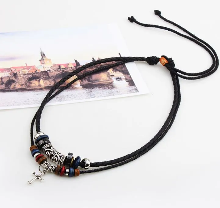 Silver Plated Alloy Cross Necklace Multilayer Cow Leather Necklace Beaded Cross Pendant Necklace for Men