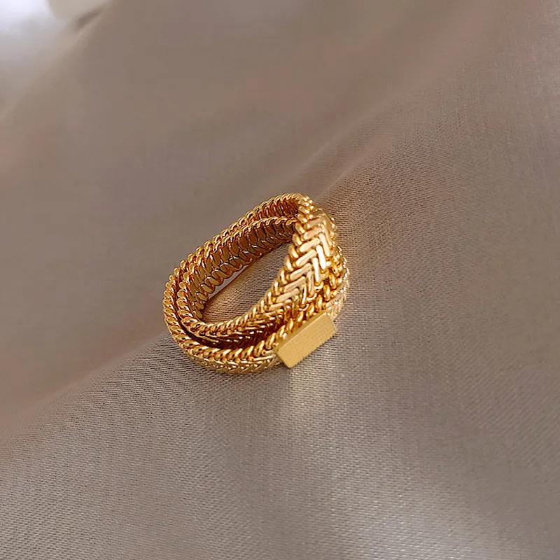 Snake Bone Chain Weave Gold Ring Double Layered Cross Geometric Rings for Women Vintage Minimalist Ring Ins Fashion