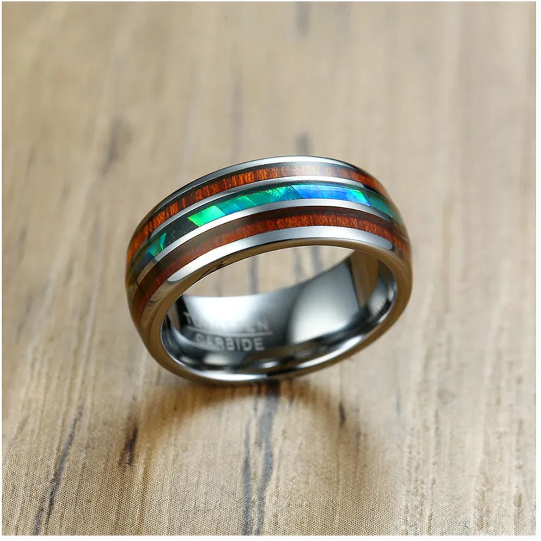 Tungsten Gold Jewelry Men’ S Fashion Ring 8mm Tungsten Steel Wood Grain Shell Ring