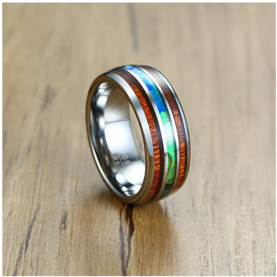 Tungsten Gold Jewelry Men’ S Fashion Ring 8mm Tungsten Steel Wood Grain Shell Ring