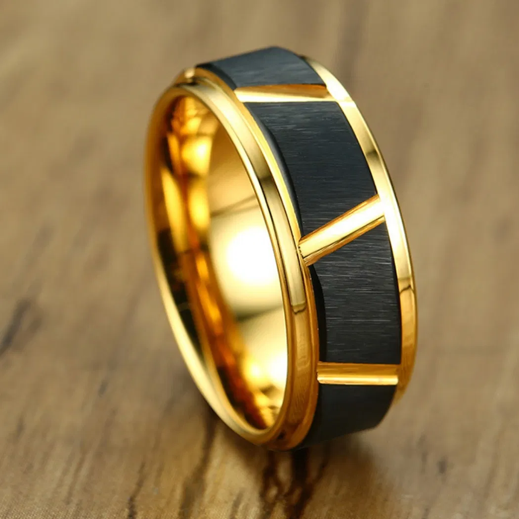 Tungsten Gold Jewelry Men’ S Fashion Ring 8mm Tungsten Steel Wood Grain Shell Ring