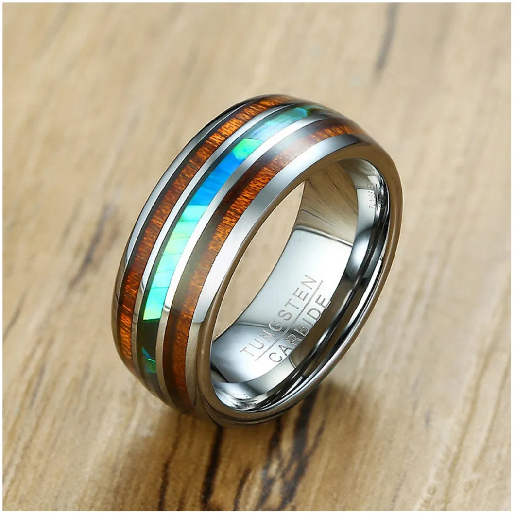 Tungsten Gold Jewelry Men’ S Fashion Ring 8mm Tungsten Steel Wood Grain Shell Ring