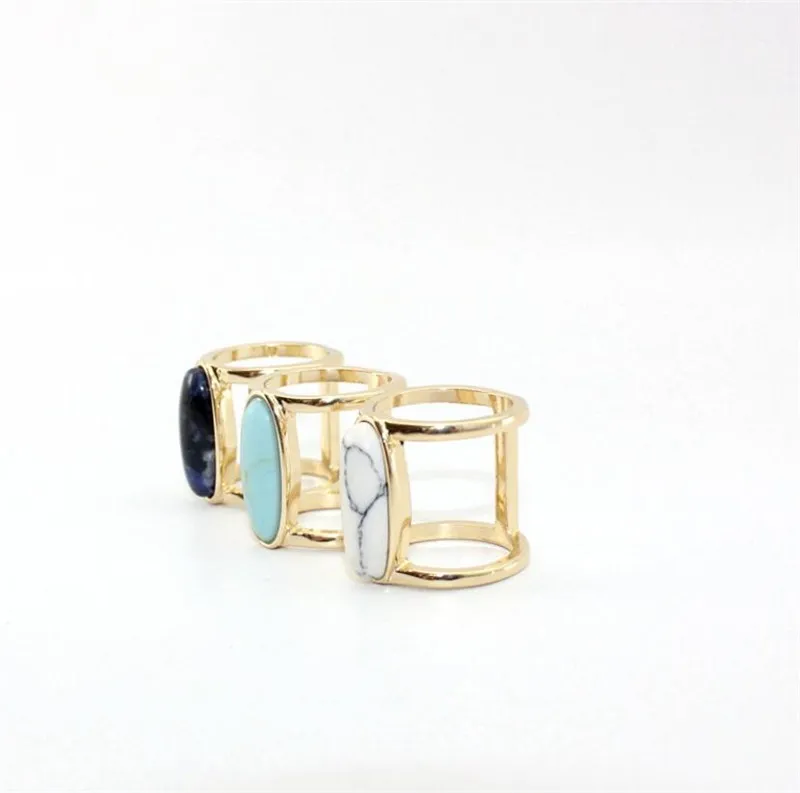 Wholesale Women Natural Turquoise Oval Big Unique Rings Gold Hip-Hop Geometric Couple Finger Rings Jewelry