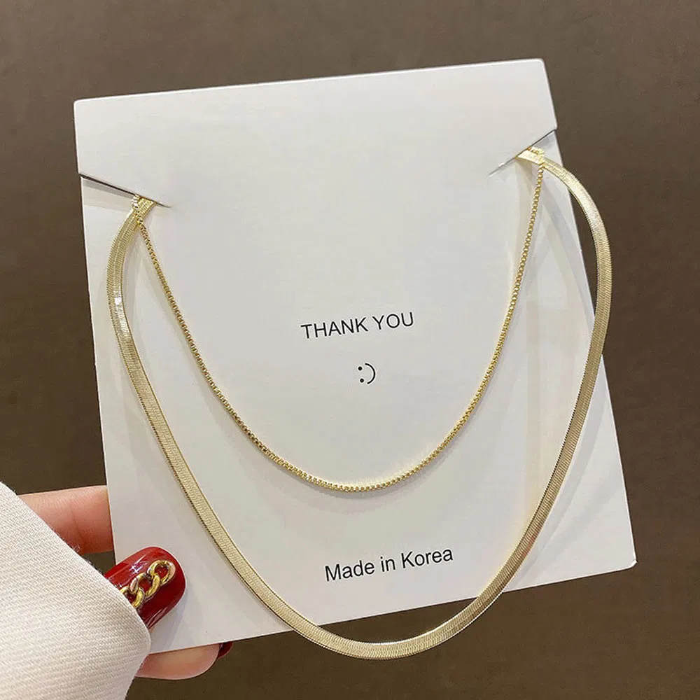 Women Simple Style Double Layers 18K Gold Plated Box Chain Clavicle Necklace Stainless Steel Flat Snake Chain Necklace